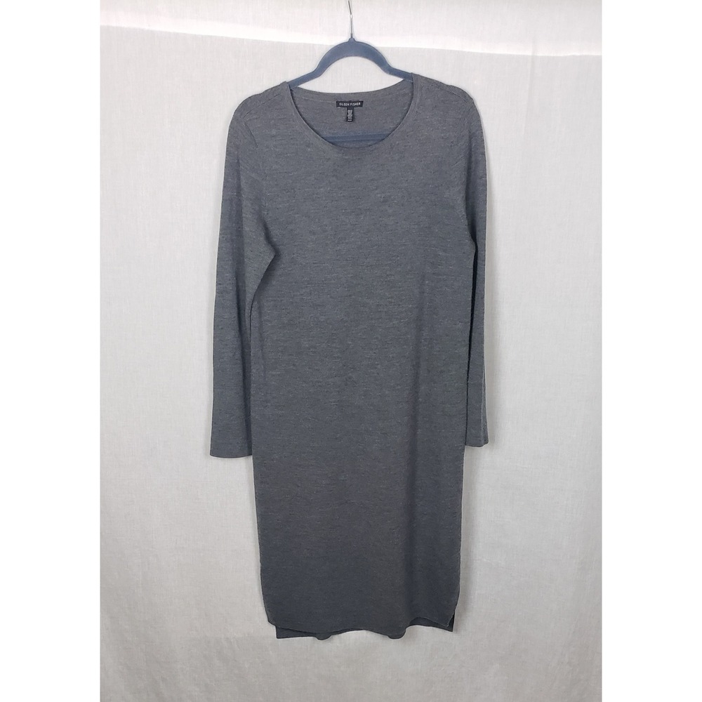 Eileen Fisher Grey 100% Merino Wool Sweater Dress M Quiet Luxury Minimalist Fall